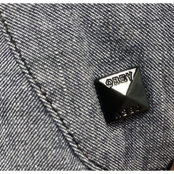 OBEY Propaganda Light Grey Denim Studded Mini Skirt Size 26 Logo Pockets - Picture 5 of 9